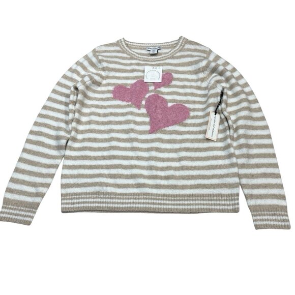 Cupcakes & Cashmere Sweater Womens M Tan Cream Striped Hearts Pullover Soft - Picture 1 of 9